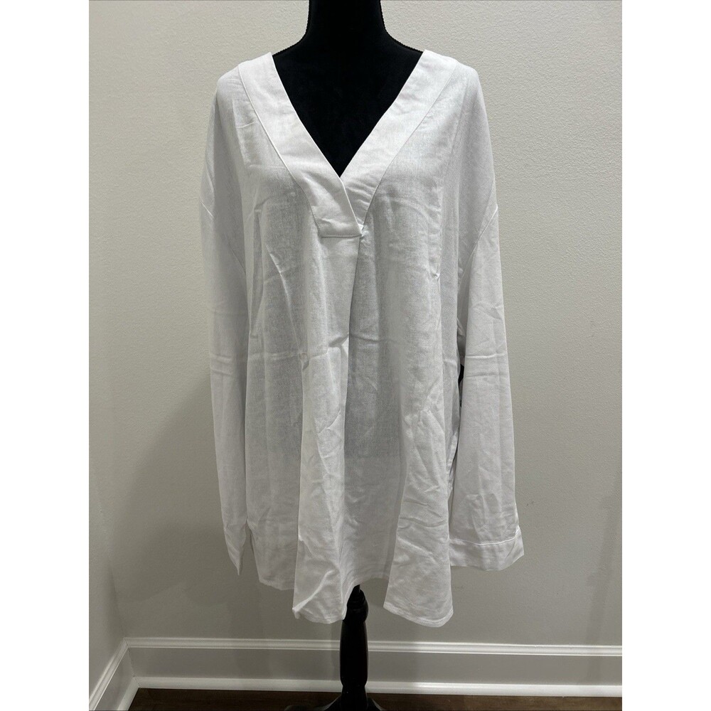Romans Womens Plus Sz 24W  Top NWT Long Sleeve Roll Tab Linen Blend White